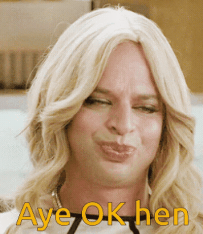 A Close Up Of A Woman 'S Face With The Words Aye Ok Hen Written On It GIF