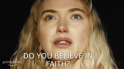A Close Up Of A Woman 'S Face With The Words Do You Believe In Faith Above Her GIF
