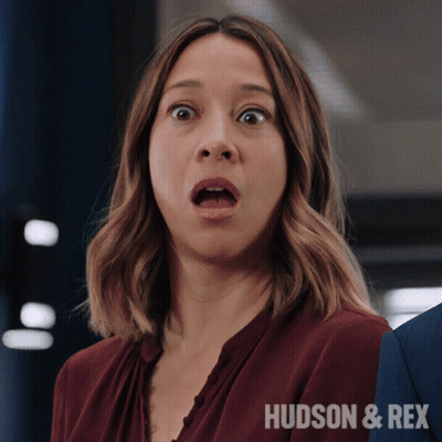 A Close Up Of A Woman 'S Face With The Words Hudson & Rex In The Corner GIF