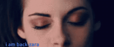 A Close Up Of A Woman 'S Face With The Words " I Am Back Zara " Above Her GIF