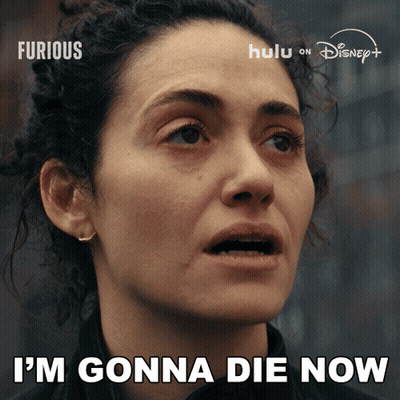 A Close Up Of A Woman 'S Face With The Words I 'M Gonna Die Now On The Bottom GIF