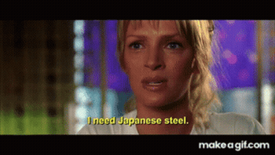 A Close Up Of A Woman 'S Face With The Words " I Need Japanese Steel " Above Her GIF