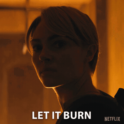 A Close Up Of A Woman 'S Face With The Words Let It Burn Written Below Her GIF
