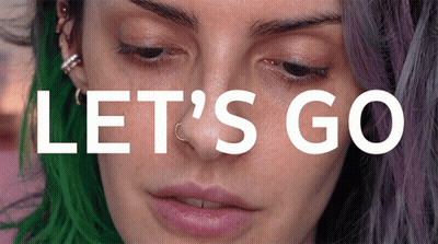 A Close Up Of A Woman 'S Face With The Words Let 'S Go Above Her GIF