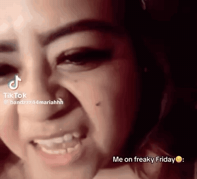 A Close Up Of A Woman 'S Face With The Words `` Me On Freaky Friday '' Written On The Bottom . GIF