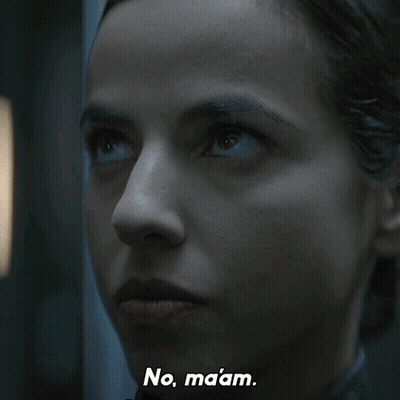 A Close Up Of A Woman 'S Face With The Words No Maaam Written Below Her GIF