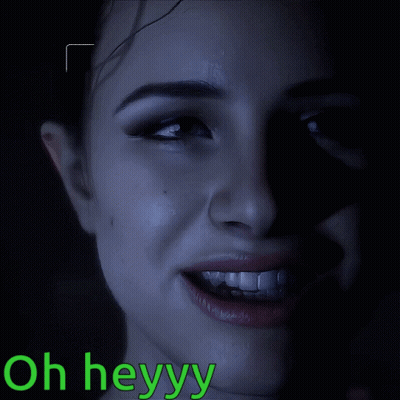 A Close Up Of A Woman 'S Face With The Words Oh Heyyy Below Her GIF