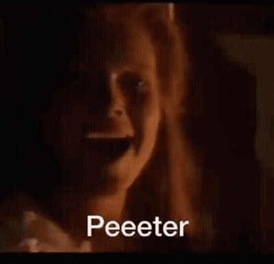 A Close Up Of A Woman 'S Face With The Words Peeeter Written Above Her . GIF