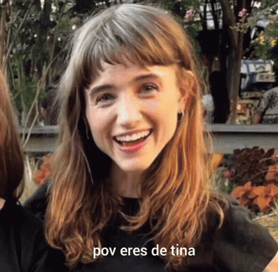 A Close Up Of A Woman 'S Face With The Words Pov Eres De Tina Written Below Her GIF