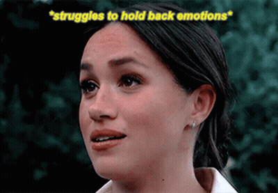 A Close Up Of A Woman 'S Face With The Words Struggles To Hold Back Emotions Above Her GIF