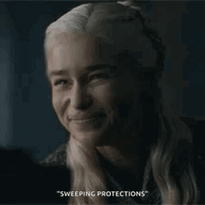 A Close Up Of A Woman 'S Face With The Words Sweeping Protections On The Bottom GIF