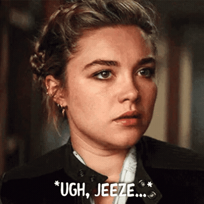 A Close Up Of A Woman 'S Face With The Words `` Ugh , Jeeze '' Written On The Bottom . GIF