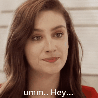A Close Up Of A Woman 'S Face With The Words Umm Hey On The Bottom GIF