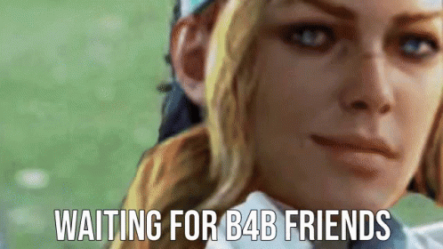 A Close Up Of A Woman 'S Face With The Words `` Waiting For B4b Friends '' Written Below Her . GIF