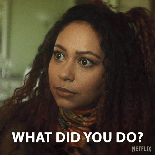 A Close Up Of A Woman 'S Face With The Words What Did You Do Below Her GIF