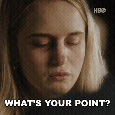 A Close Up Of A Woman 'S Face With The Words " What 'S Your Point " Below It GIF