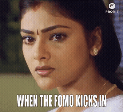 A Close Up Of A Woman 'S Face With The Words When The Fomo Kicks In Below Her GIF