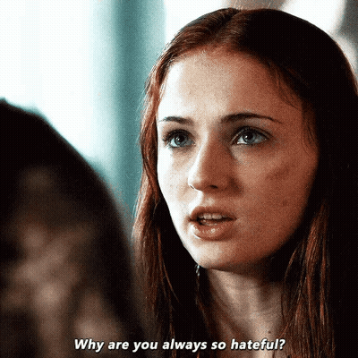 A Close Up Of A Woman 'S Face With The Words " Why Are You Always So Hateful " GIF