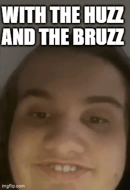 A Close Up Of A Woman 'S Face With The Words " With The Huzz And The Bruzz " Above Her GIF