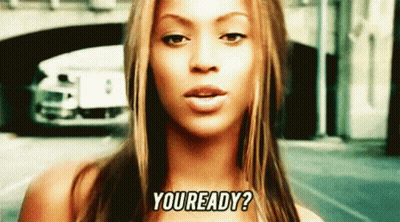 A Close Up Of A Woman 'S Face With The Words `` You Ready '' Written Above Her . GIF