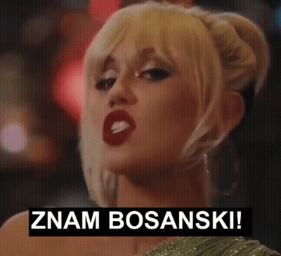 A Close Up Of A Woman 'S Face With The Words Znam Bosanski Below Her GIF