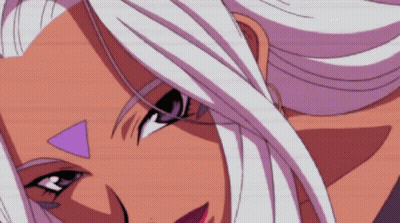 A Close Up Of A Woman 'S Face With White Hair And A Purple Triangle On Her Forehead GIF