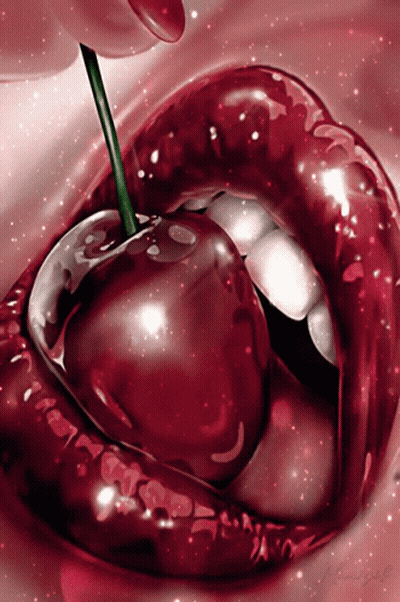 A Close Up Of A Woman 'S Lips With A Cherry Sticking Out Of Them GIF