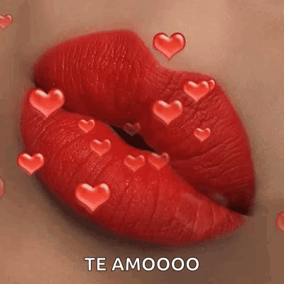 A Close Up Of A Woman 'S Lips With Red Lipstick And Hearts Flying Around Them . GIF