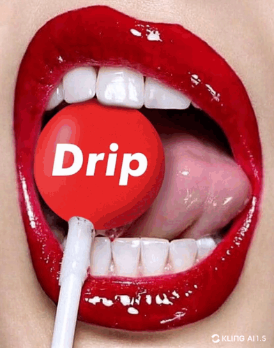 A Close Up Of A Woman 'S Mouth With A Red Lollipop That Says Drip GIF