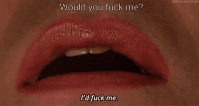A Close Up Of A Woman 'S Red Lips With The Words Would You Fuck Me I 'D Fuck Me GIF