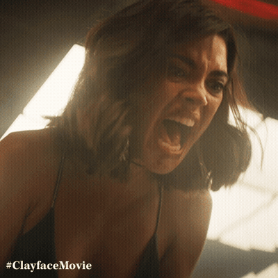 A Close Up Of A Woman With Her Mouth Open And #Clayfacemovie Written On The Bottom GIF