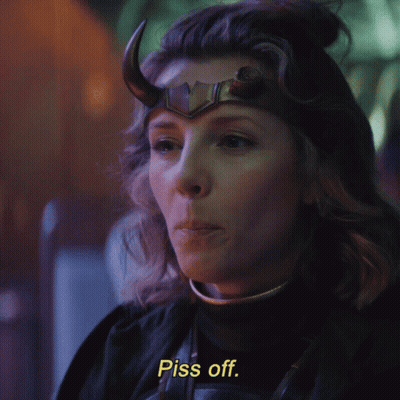 A Close Up Of A Woman With Horns And The Words Piss Off GIF
