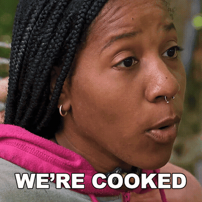 A Close Up Of A Woman With The Words We 'Re Cooked Below Her GIF