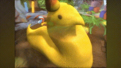 A Close Up Of A Yellow Cartoon Character With A Green Head GIF