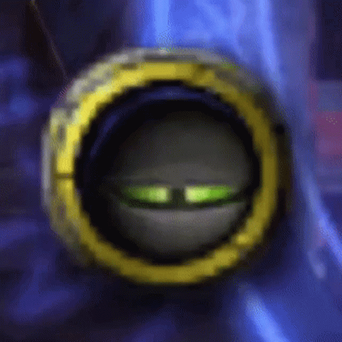 A Close Up Of A Yellow Circle With Green Eyes On A Blue Background GIF