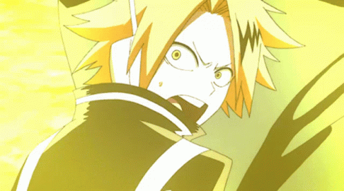 A Close Up Of A Yellow Haired Anime Character With A Lightning Bolt On His Chest GIF