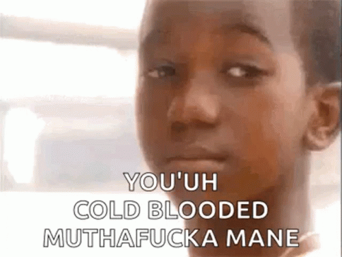 A Close Up Of A Young Boy 'S Face With The Words `` You 'Uh Cold Blooded Muthafucka Mane '' . GIF