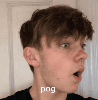 A Close Up Of A Young Man 'S Face With The Word Pog On The Bottom Right GIF