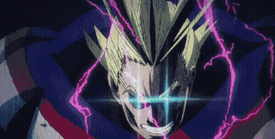 A Close Up Of All Might 'S Face With Lightning Bolts Coming Out Of His Eyes GIF