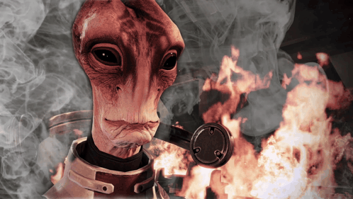 A Close Up Of An Alien 'S Face With Smoke Coming Out Of It GIF