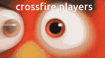 A Close Up Of An Angry Bird 'S Eyes With The Words Crossfire Players Written Above It GIF