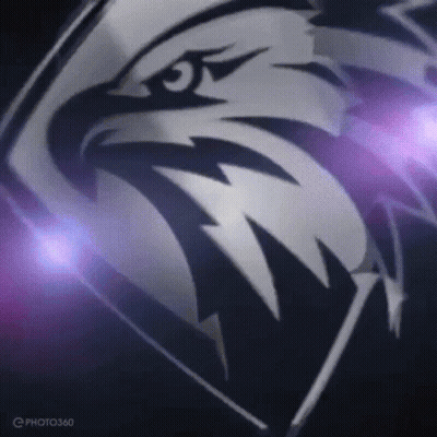 A Close Up Of An Eagle 'S Head On A Dark Background With Purple Lights Behind It . GIF