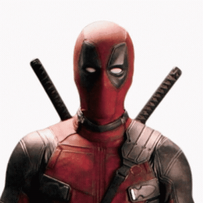 A Close Up Of Deadpool 'S Face With Two Swords On His Shoulders . GIF