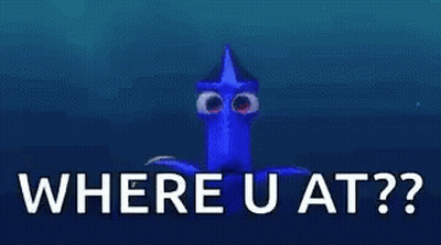 A Close Up Of Dory 'S Eyes With The Words `` Where U At ? '' Written Below Them . GIF