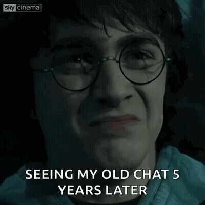 A Close Up Of Harry Potter 'S Face With Glasses And The Words `` Seeing My Old Chat 5 Years Later '' GIF