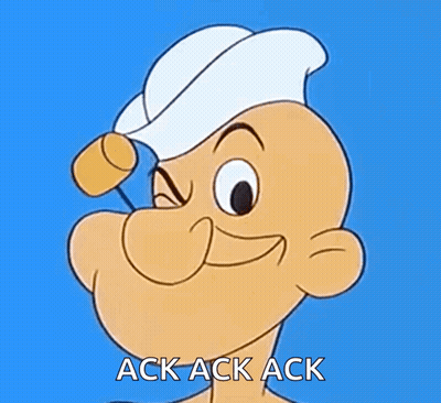 A Close Up Of Popeye 'S Face With The Words Ack Ack Ack Behind Him GIF