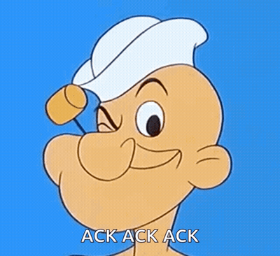 A Close Up Of Popeye 'S Face With The Words Ack Ack Ack Below Him GIF
