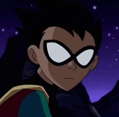 A Close Up Of Robin 'S Face With A Purple Sky Behind Him GIF