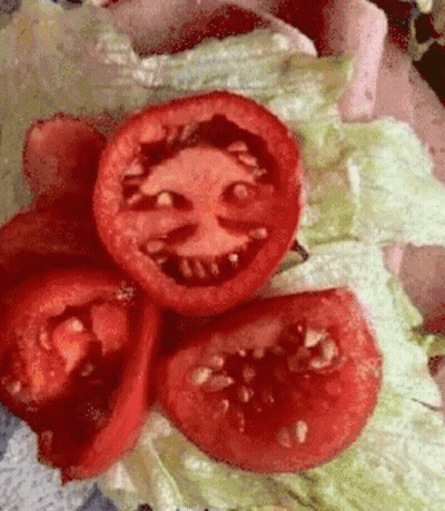 A Close Up Of Sliced Tomatoes On A Lettuce Leaf GIF