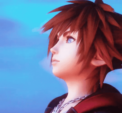 A Close Up Of Sora From Kingdom Hearts Looking Up Into The Sky GIF